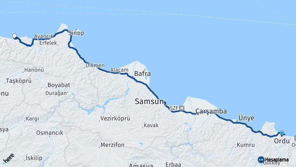 Ordu Türkeli Sinop Arası Kaç Km - Yol Haritası