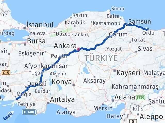 Ordu Ula Muğla Arası Kaç Km - Yol Haritası