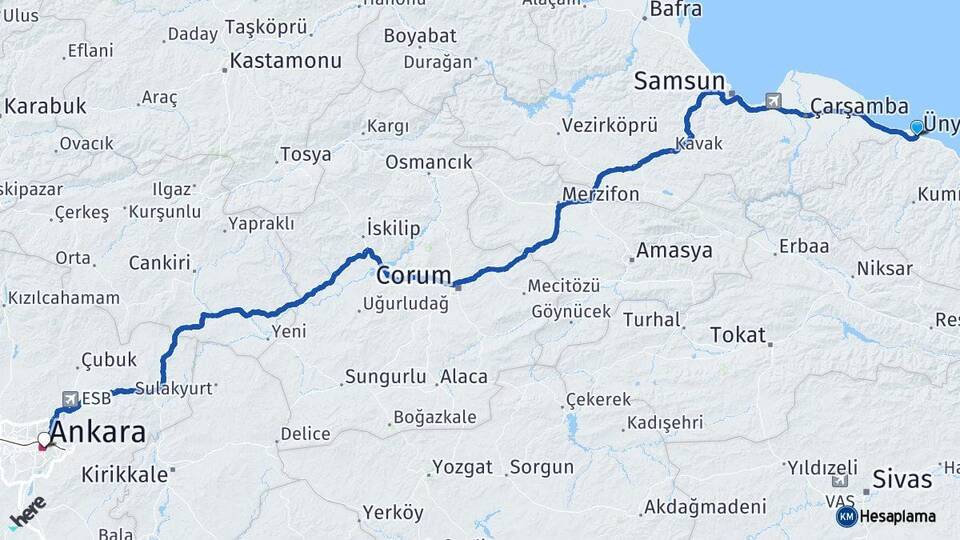 Ordu Ünye Ankara Arası Kaç Km - Yol Haritası