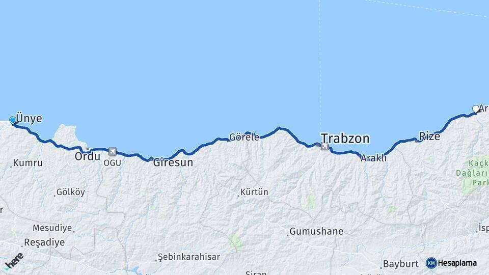 Ordu Ünye Ardeşen Rize Arası Kaç Km - Yol Haritası