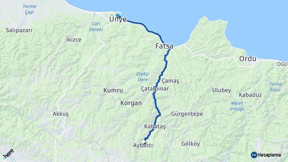 Ordu Ünye Aybastı Arası Kaç Km - Yol Haritası
