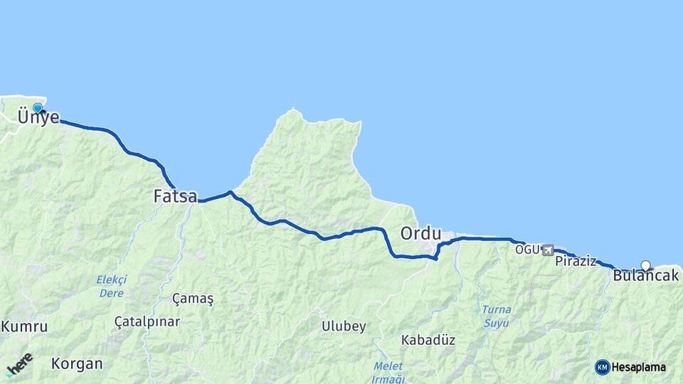 Ordu Ünye Bulancak Giresun Arası Kaç Km - Yol Haritası