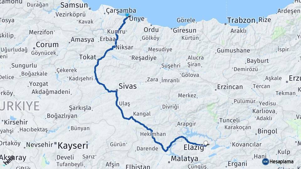 Ordu Ünye Elazığ Arası Kaç Km - Yol Haritası