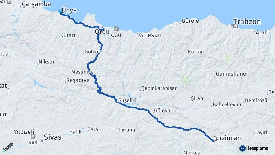 Ordu Ünye Erzincan Arası Kaç Km - Yol Haritası