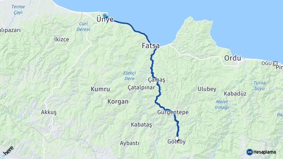 Ordu Ünye Gölköy Arası Kaç Km - Yol Haritası