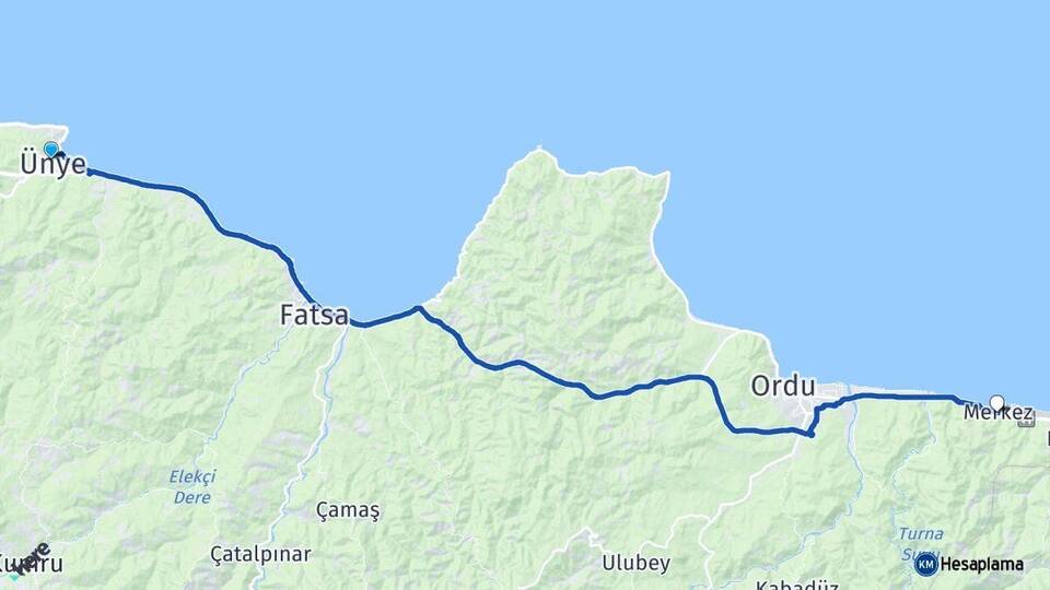 Ordu Ünye Gülyalı Arası Kaç Km - Yol Haritası