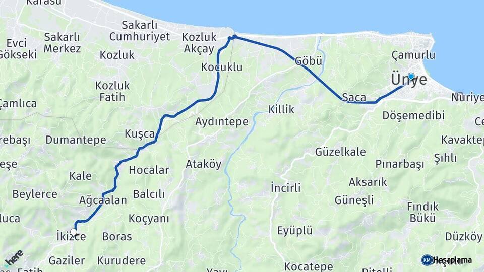 Ordu Ünye İkizce Arası Kaç Km - Yol Haritası
