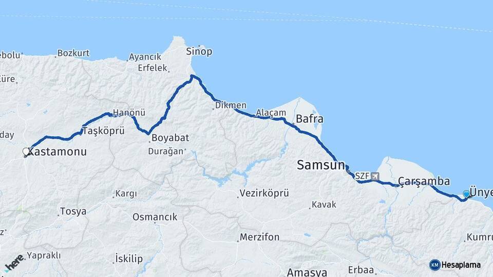 Ordu Ünye Kastamonu Arası Kaç Km - Yol Haritası