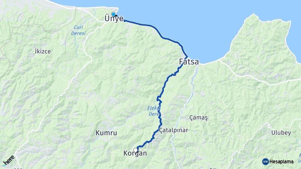 Ordu Ünye Korgan Arası Kaç Km - Yol Haritası