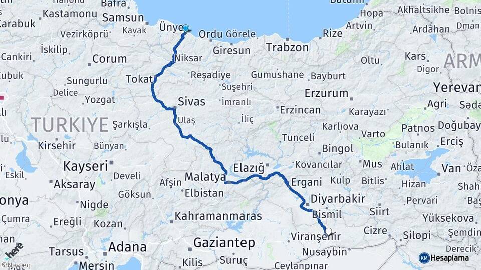 Ordu Ünye Mardin Arası Kaç Km - Yol Haritası