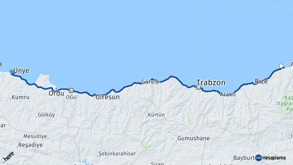 Ordu Ünye Pazar Rize Arası Kaç Km - Yol Haritası