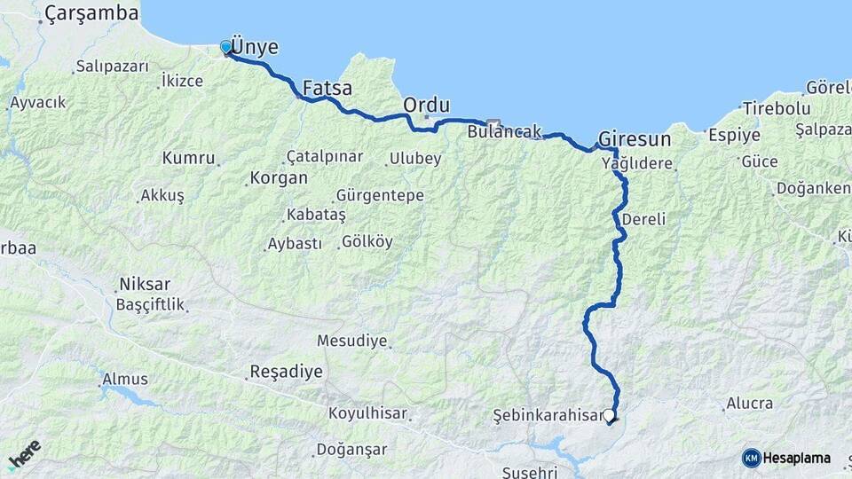 Ordu Ünye Şebinkarahisar Giresun Arası Kaç Km - Yol Haritası