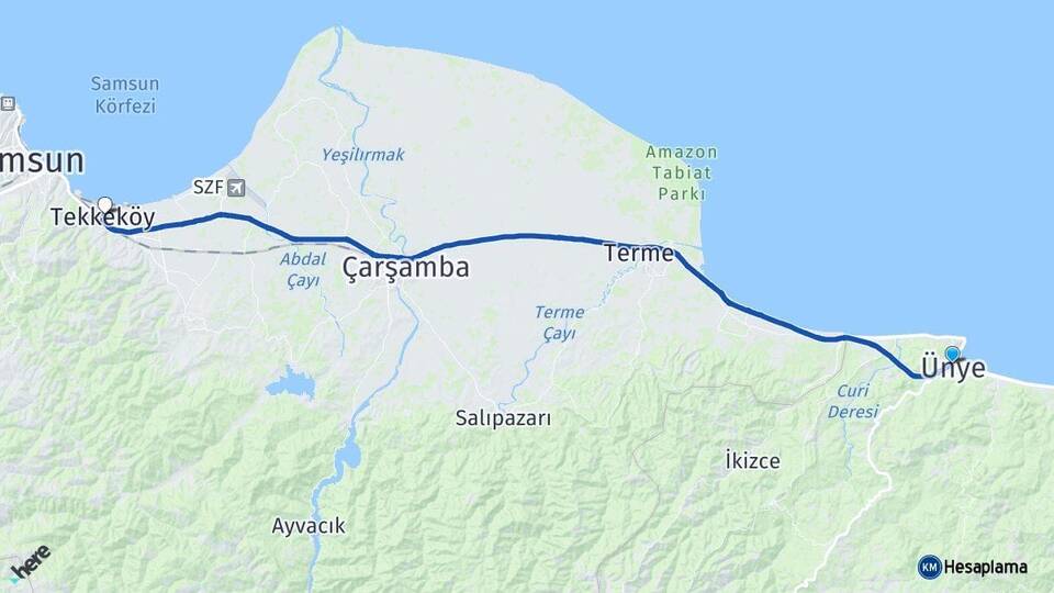 Ordu Ünye Tekkeköy Samsun Arası Kaç Km - Yol Haritası