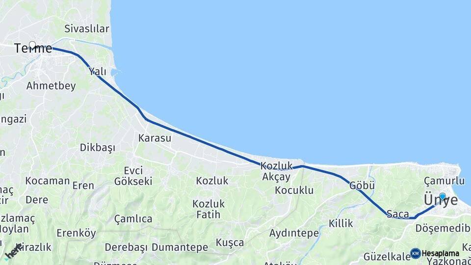 Ordu Ünye Terme Samsun Arası Kaç Km - Yol Haritası