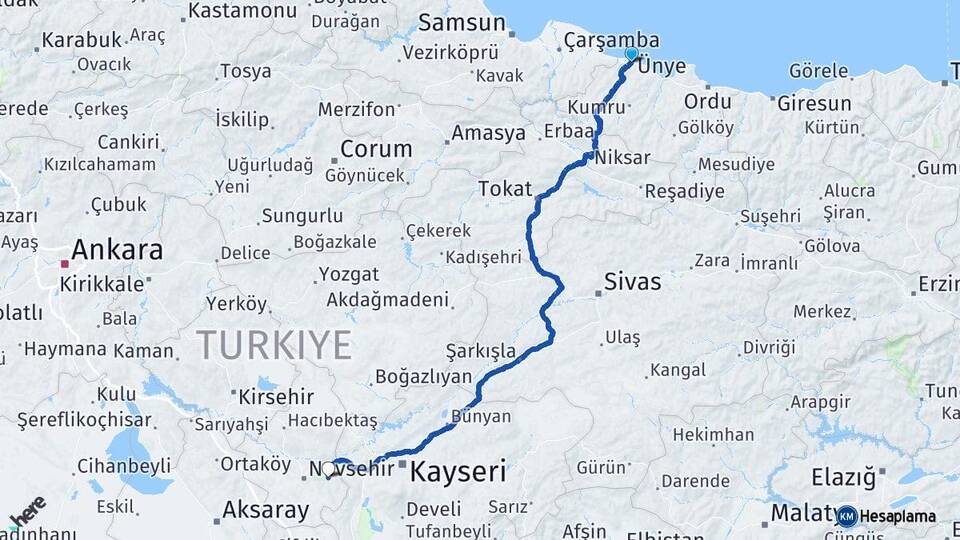 Ordu Ünye Ürgüp Nevşehir Arası Kaç Km - Yol Haritası