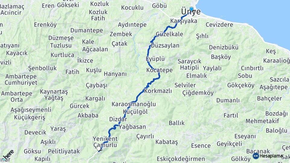 Ordu Ünye Yenikent Ünye Arası Kaç Km - Yol Haritası
