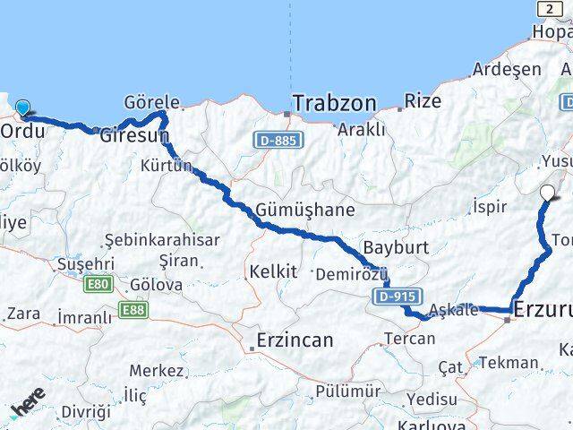 Ordu Uzundere Erzurum Arası Kaç Km - Yol Haritası