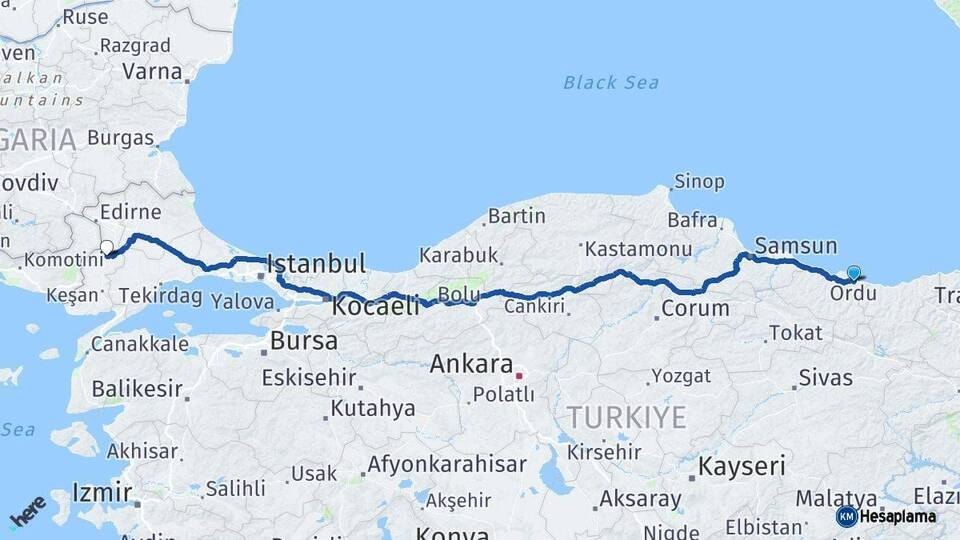 Ordu Uzunköprü Edirne Arası Kaç Km - Yol Haritası