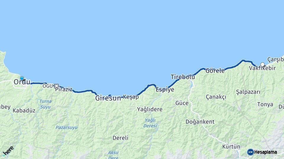 Ordu Vakfıkebir Trabzon Arası Kaç Km - Yol Haritası