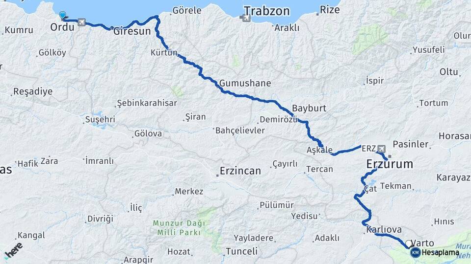 Ordu Varto Muş Arası Kaç Km - Yol Haritası