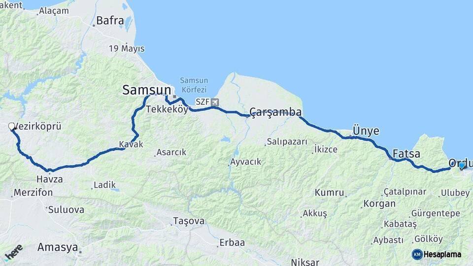 Ordu Vezirköprü Samsun Arası Kaç Km - Yol Haritası