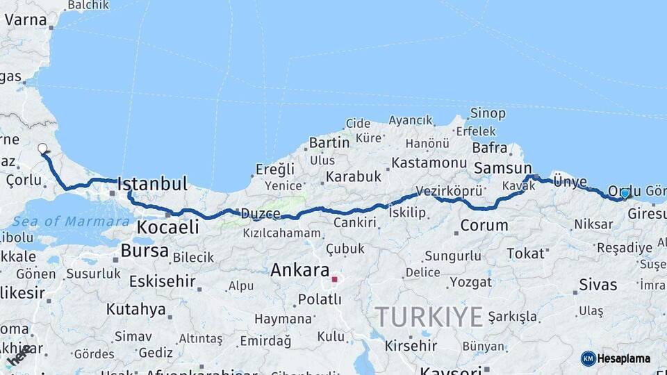 Ordu Vize Kırklareli Arası Kaç Km - Yol Haritası