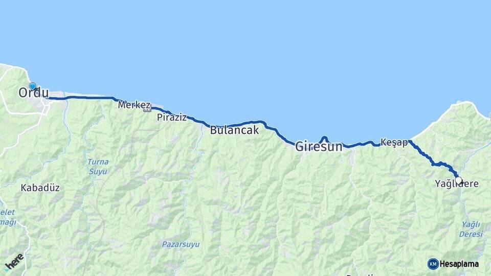 Ordu Yağlıdere Giresun Arası Kaç Km - Yol Haritası