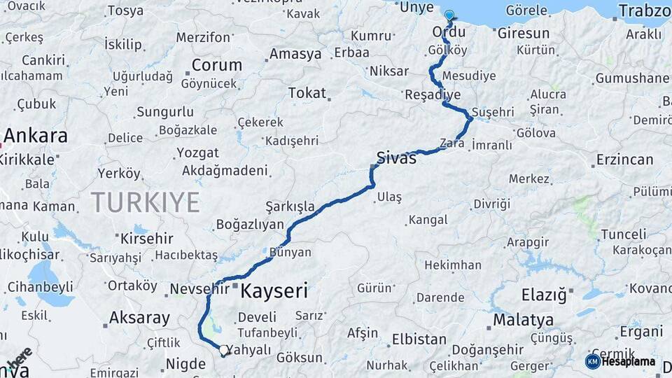 Ordu Yahyalı Kayseri Arası Kaç Km - Yol Haritası