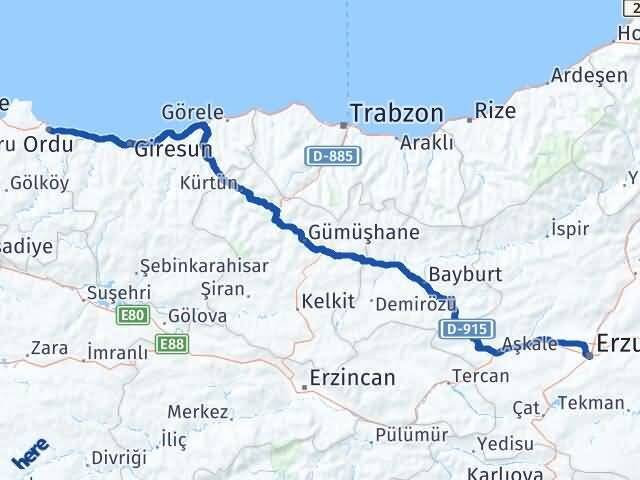 Ordu Yakutiye Erzurum Arası Kaç Km - Yol Haritası