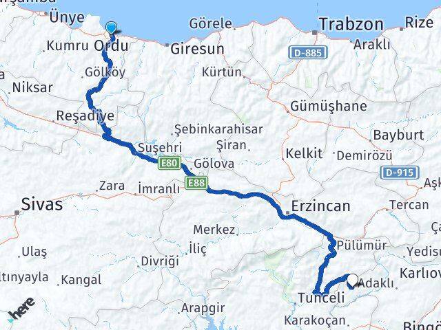 Ordu Yayladere Bingöl Arası Kaç Km - Yol Haritası