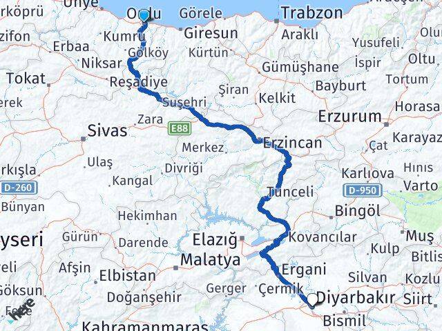 Ordu Yenişehir Diyarbakır Arası Kaç Km - Yol Haritası