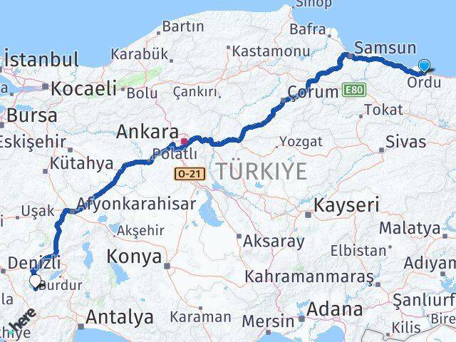 Ordu Yeşilova Burdur Arası Kaç Km - Yol Haritası