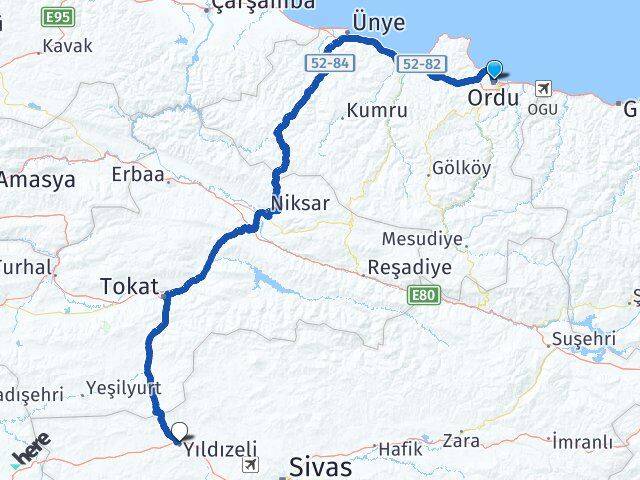 Ordu Yıldızeli Sivas Arası Kaç Km - Yol Haritası