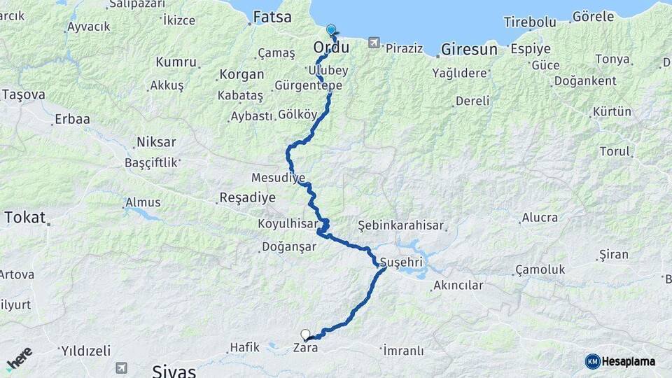 Ordu Zara Sivas Arası Kaç Km - Yol Haritası