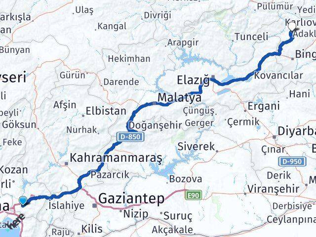 Osmaniye Adaklı Bingöl Arası Kaç Km - Yol Haritası