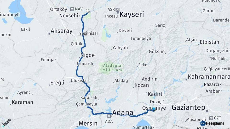 Osmaniye Avanos Nevşehir Arası Kaç Km - Yol Haritası