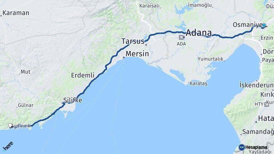 Osmaniye Aydıncık Mersin Arası Kaç Km - Yol Haritası