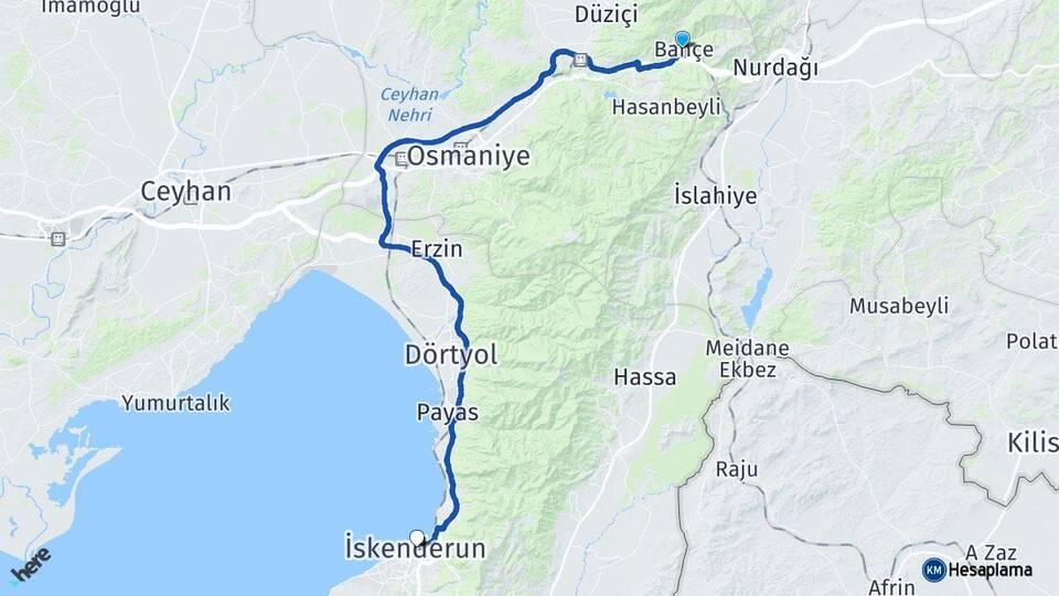 Osmaniye Bahçe İskenderun Hatay Arası Kaç Km - Yol Haritası