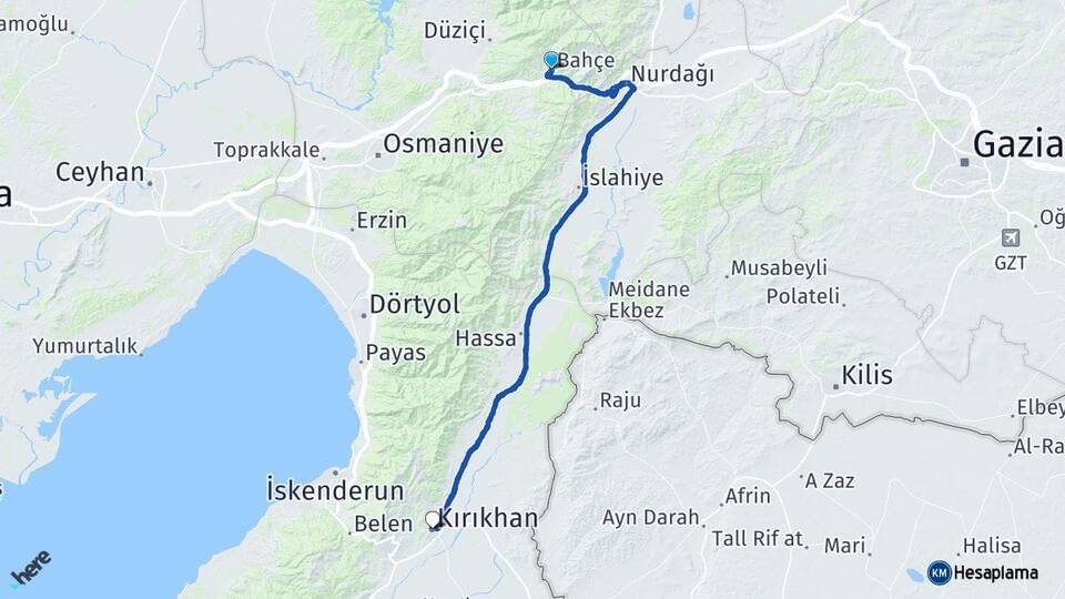 Osmaniye Bahçe Kırıkhan Hatay Arası Kaç Km - Yol Haritası