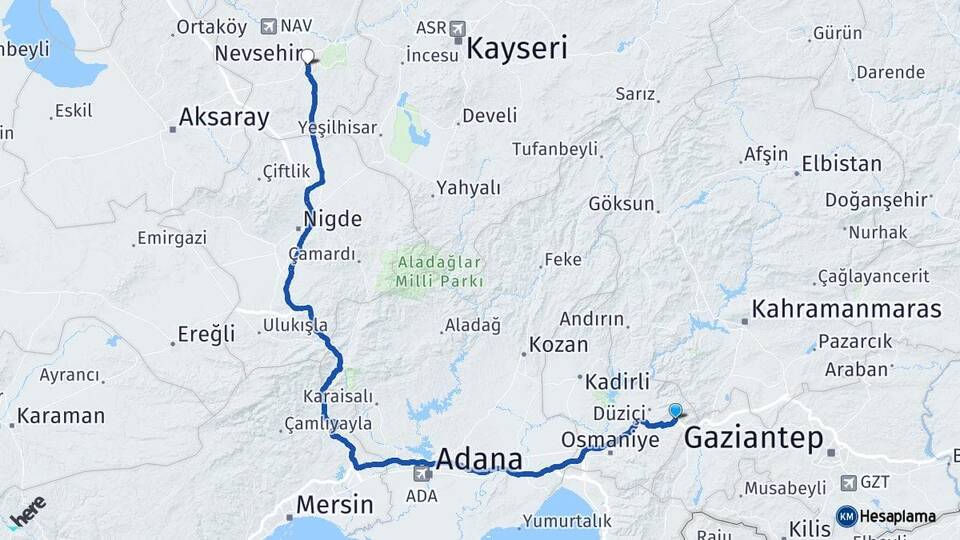Osmaniye Bahçe Nevşehir Arası Kaç Km - Yol Haritası