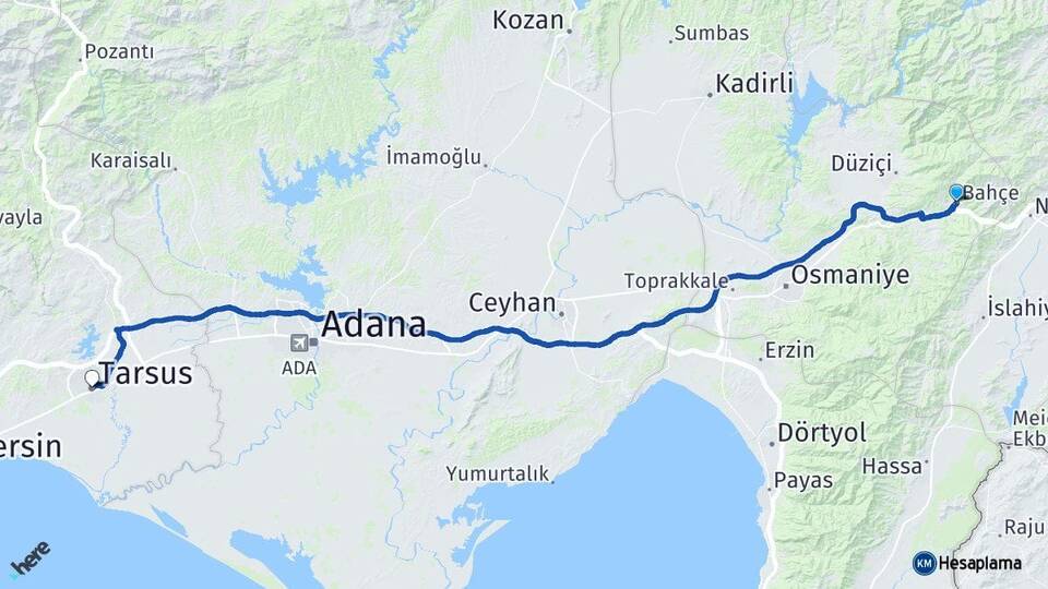 Osmaniye Bahçe Tarsus Mersin Arası Kaç Km - Yol Haritası