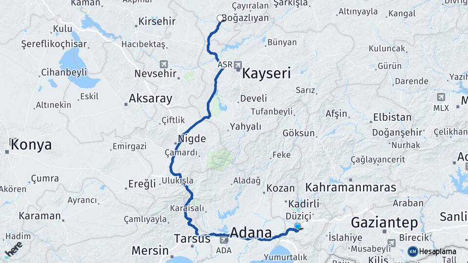 Osmaniye Boğazlıyan Yozgat Arası Kaç Km - Yol Haritası