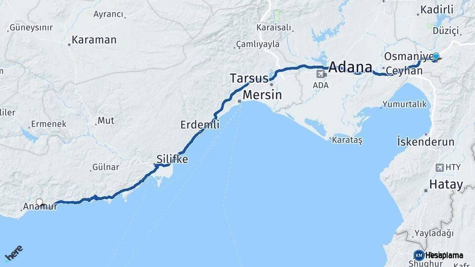 Osmaniye Bozyazı Mersin Arası Kaç Km - Yol Haritası