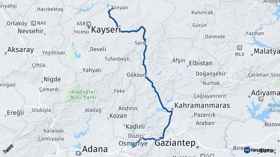 Osmaniye Bünyan Kayseri Arası Kaç Km - Yol Haritası