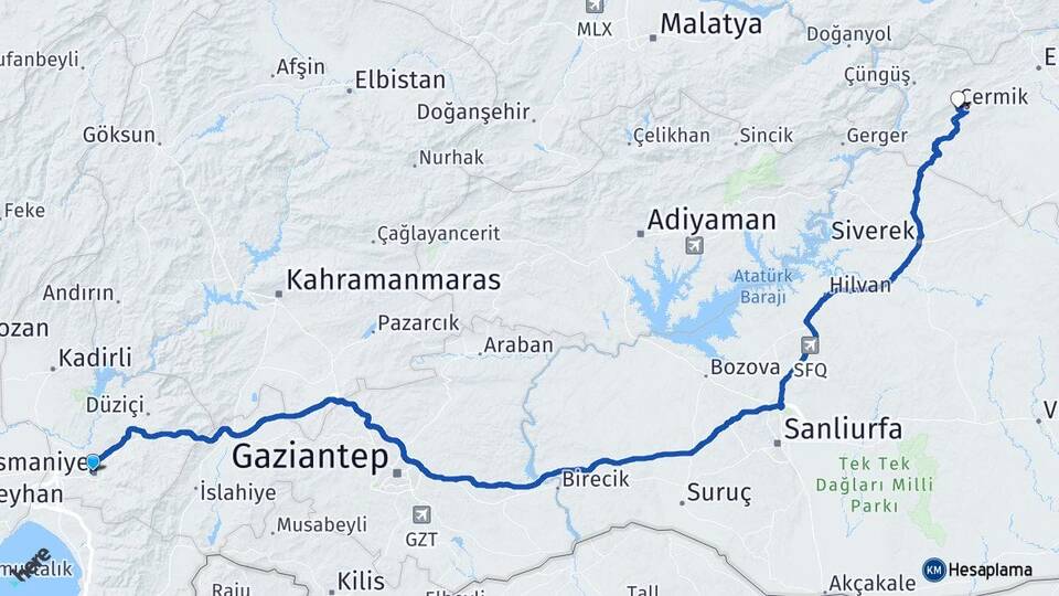 Osmaniye Çermik Diyarbakır Arası Kaç Km - Yol Haritası