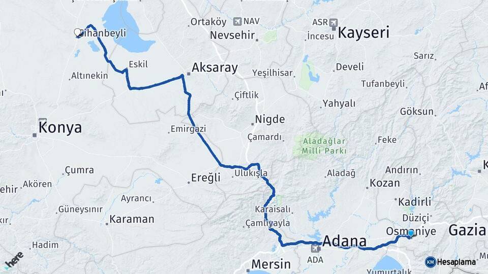 Osmaniye Cihanbeyli Konya Arası Kaç Km - Yol Haritası