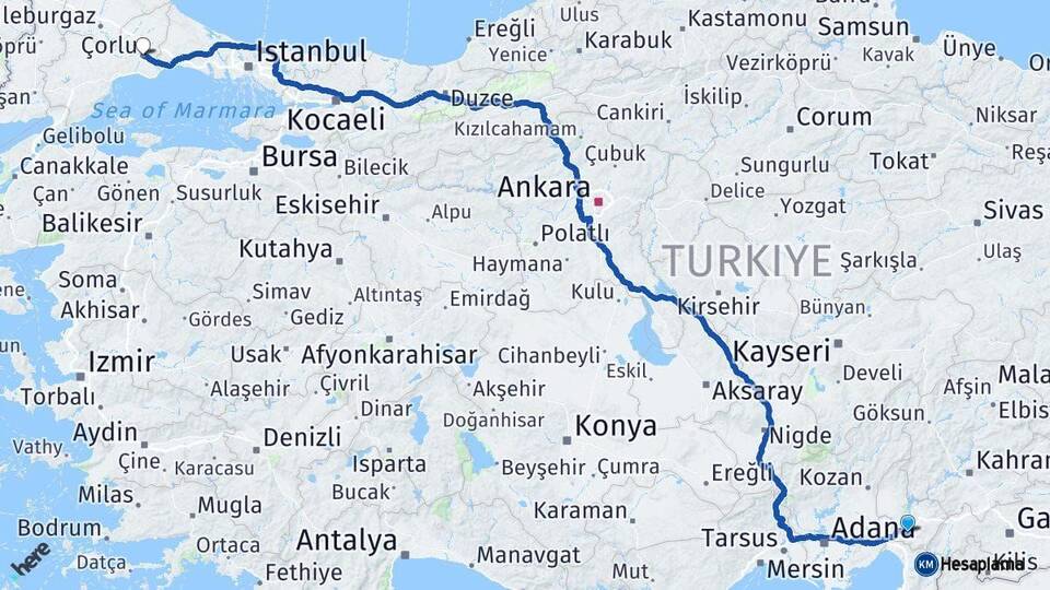 Osmaniye Çorlu Tekirdağ Arası Kaç Km - Yol Haritası
