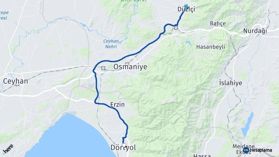 Osmaniye Düziçi Dörtyol Hatay Arası Kaç Km - Yol Haritası