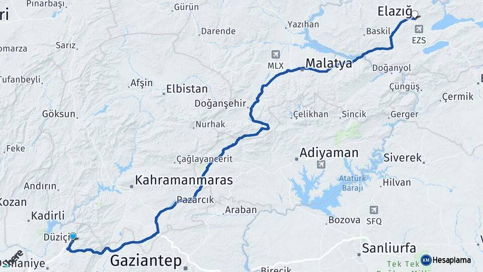 Osmaniye Düziçi Elazığ Arası Kaç Km - Yol Haritası