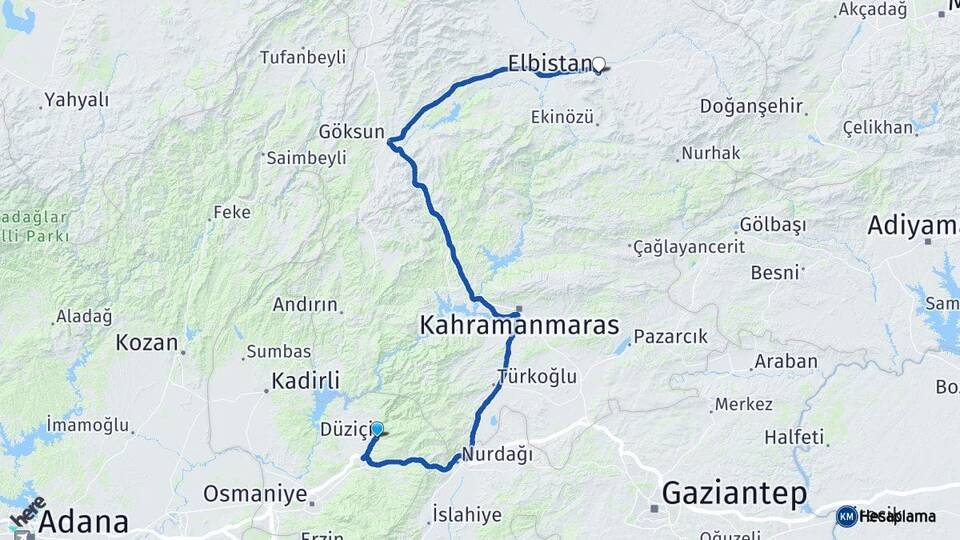 Osmaniye Düziçi Elbistan Kahramanmaraş Arası Kaç Km - Yol Haritası